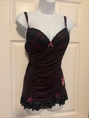 PLAYBOY Black and Hot Pink Polka Dot Lace Chemise with Bow Accents